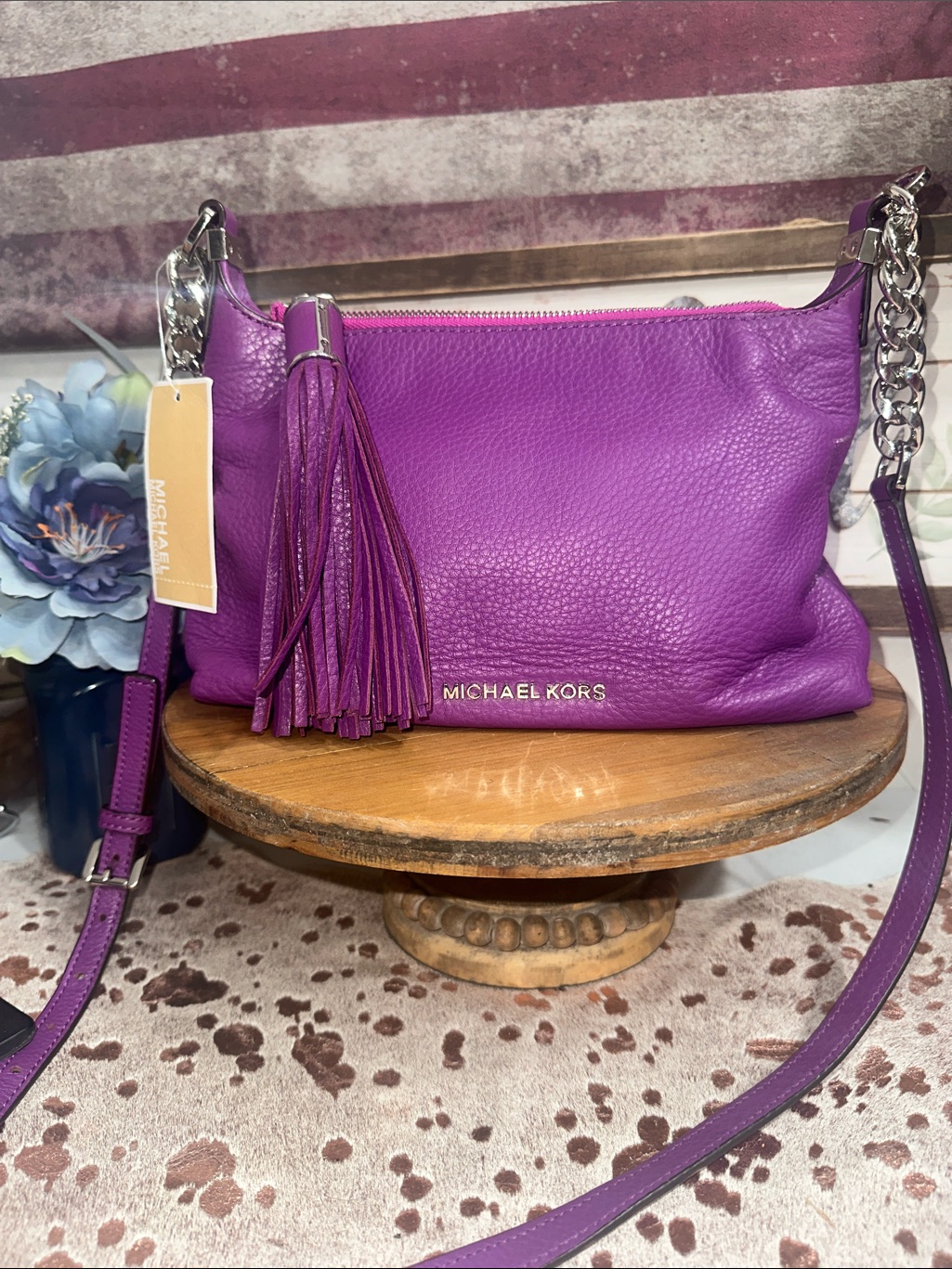 Nwt Michael Kors Vibrant Purple Pebbled Leather Crossbody With Tassel